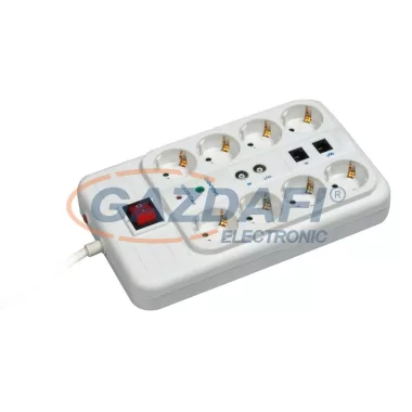 COMMEL 0855 túlfeszültség védelmes elosztó, 8-as, 3m, 16A, telefon port, antenna port