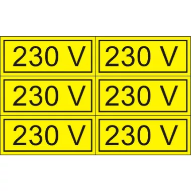 "230V" öntapadó felirat, sárga, 100x60mm