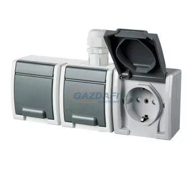 ELEKTRO-PLAST 1246-65 "Aquant" csapófedeles hármas dugalj, 3x2P+F, falon kívüli, világosszürke, IP65, 250V, 16A ELEKTRO-PLAST 1246-65 "Aquant" csapófedeles hármas dugalj, 3x2P+F, falon kívüli, világosszürke, IP65, 250V, 16A