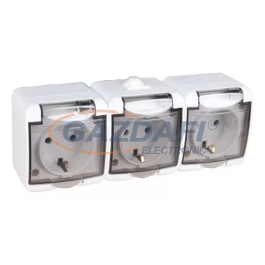 ELMARK vízálló hármas dugalj átlátszó fedvel, falon kívüli, IP44, fehér