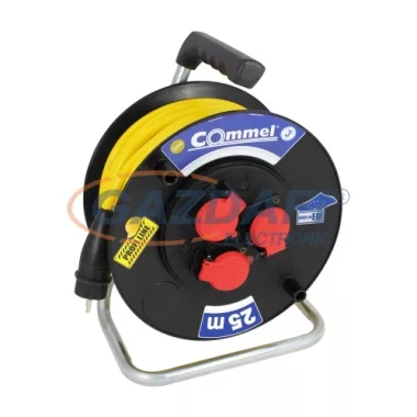 COMMEL 200-361 kábeldobos hosszabbító, 25m, 3x1,5mm2 AT N07V3V3-F, 3db csapfedeles csatlakozó, 16A, IP44