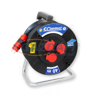 COMMEL 200-369 kábeldobos hosszabbító, 25m, 3x1,5mm2 H05RR-F, 3db csapfedeles csatlakozó, 250V, 16A, IP44