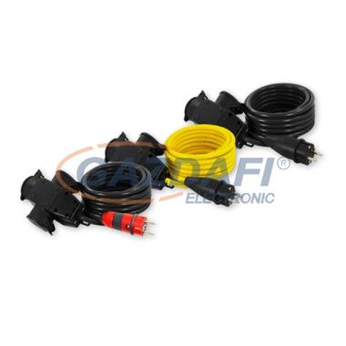 COMMEL 220-411 ipari hosszabbító kábel dugóval és aljzattal, 5m, 16A 250V~3500W, AT N07V3V3-F 3x1.5, sárga, IP44
