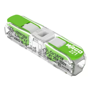 Wago 221-2421 Inline vez. összekötő működtető karral; minden vezetéktípushoz; max. 4 mm²; 2 vezeték; áttetsző készülékház; 