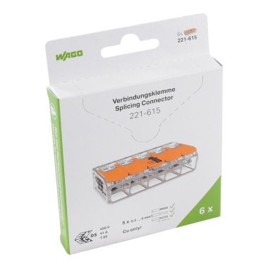 Wago 221-615/995-006 Vezeték összekötő rögzítő-leválasztókkal; minden vezetéktípushoz; max. 6 mm²; 5 vezeték; áttetsző készülékház
