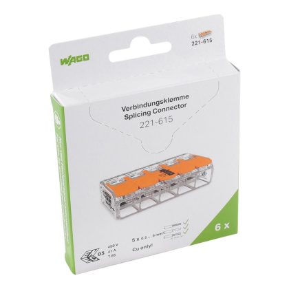   Wago 221-615/995-006 Vezeték összekötő rögzítő-leválasztókkal; minden vezetéktípushoz; max. 6 mm²; 5 vezeték; áttetsző készülékház