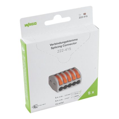  Wago 222-415/995-005 Vezeték összekötő rögzítő-leválasztókkal; minden vezetéktípushoz; max. 4 mm²; 5 vezeték; szürke készülékház 5 db /csomag