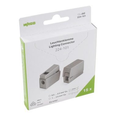 Wago 224-101/995-015 Világítási csatlakozó; nyomógomb a lámpaoldalon; Világító test oldal: minden vez típushoz; Hálózati oldal: tömör vezetékekhez; 224 széria; max. 2,5 mm²