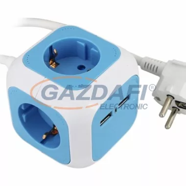 COMMEL 234-161 elosztó USB porttal, 4 dugaljas, 1.4m, 16A 250V~3500W, H05VV-F 3x1.5, „kocka”