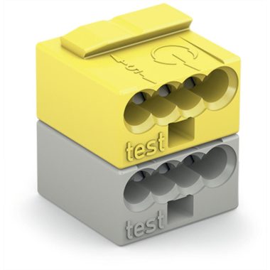 Wago 243-212 4 vezetékes moduláris NyÁK-csatlakozó; PUSH WIRE®; 0,8 mm Ø; 5,75 mm láb távolság; 2 pólusú; különálló forraszlábaknak; KNX-hez; világosszürke/sárga