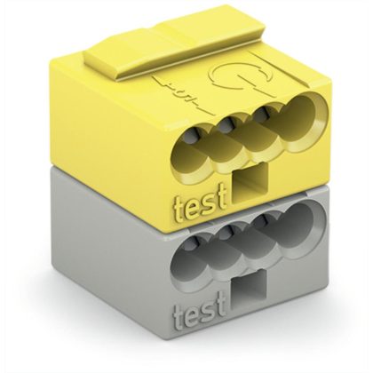   Wago 243-212 4 vezetékes moduláris NyÁK-csatlakozó; PUSH WIRE®; 0,8 mm Ø; 5,75 mm láb távolság; 2 pólusú; különálló forraszlábaknak; KNX-hez; világosszürke/sárga