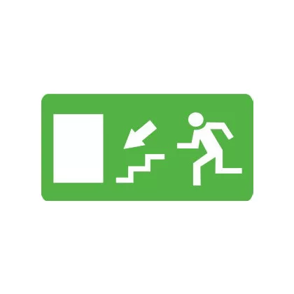   "Kijárat lépcsőn lefele balra" Utánvilágító öntapadó felirat, 300x100mm