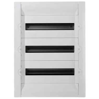 LEGRAND 401758 Practibox3 süllyesztett kiselosztó, átlátszó füstszínű ajtóval, védőföld és nulla elosztókapoccsal, 3 sor 54 modul, 592x422