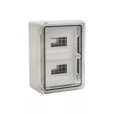 ELMARK falon kívüli maszkolt manyag elosztószekrény átlátszó ajtóval, 18 modul, 350x250x150mm, IP65, szürke