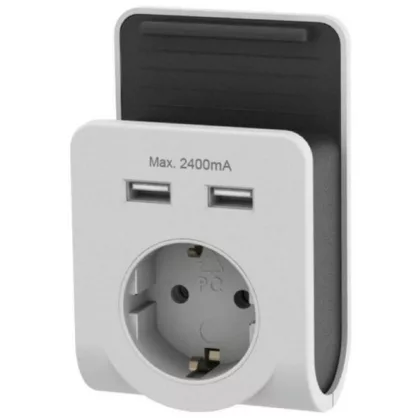   Conector intermediar GAO 6005H cu 2 încărcătoare USB și suport pentru telefon mobil, 250V, 16A