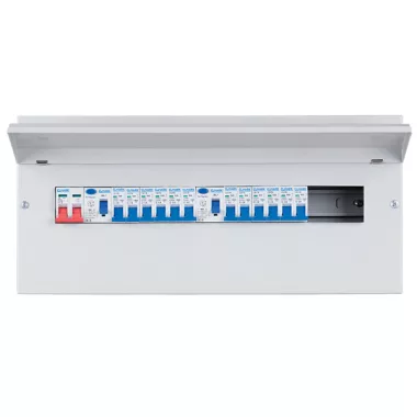 ELMARK fém elosztószekrény 12db kismegszakítóval, 2db Fi-relével, 1db 100A-s fkapcsolóval, 22 modul, 555x257x110mm