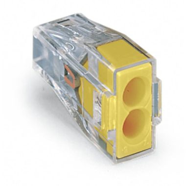 Wago 773-102 PUSH WIRE® csatlakozó kötődobozokhoz; tömör és sodrott vezetékekhez; max. 2,5 mm²; 2 vezeték; áttetsző készülékház; sárga fedél
