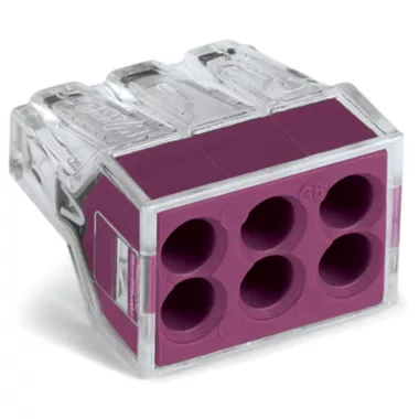 Wago 773-106 PUSH WIRE® csatlakozó kötődobozokhoz; tömör és sodrott vezetékekhez; max. 2,5 mm²; 6 vezeték; áttetsző készülékház; ibolya fedél