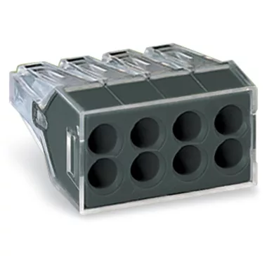 Wago 773-108 PUSH WIRE® csatlakozó kötődobozokhoz; tömör és sodrott vezetékekhez; max. 2,5 mm²; 8 vezeték; áttetsző készülékház; sötétszürke fedél