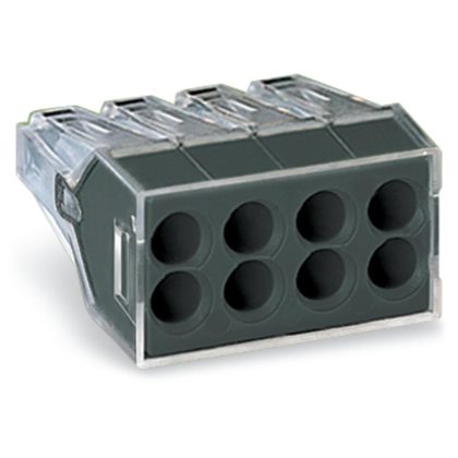   Wago 773-108 PUSH WIRE® csatlakozó kötődobozokhoz; tömör és sodrott vezetékekhez; max. 2,5 mm²; 8 vezeték; áttetsző készülékház; sötétszürke fedél