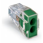   Wago 773-112  PUSH WIRE® csatlakozó kötődobozokhoz; tömör és sodrott vezetékekhez; max. 2,5 mm²; 2 vezeték; áttetsző készülékház; zöld fedél