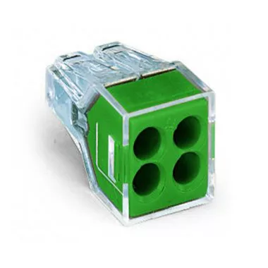 Wago 773-114 PUSH WIRE® csatlakozó kötődobozokhoz; tömör és sodrott vezetékekhez; max. 2,5 mm²; 4 vezeték; áttetsző készülékház; zöld fedél; max. működési környezeti hőm. 60 °C; 2,50 mm²; átlátszó