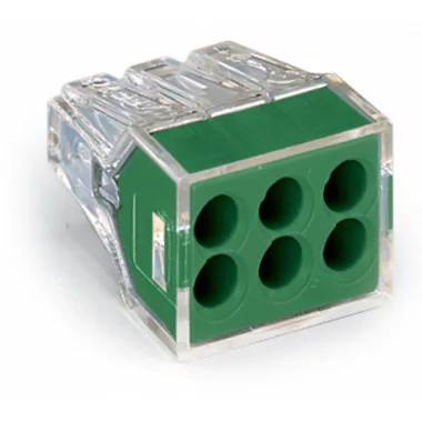  Wago 773-116 PUSH WIRE® csatlakozó kötődobozokhoz; tömör és sodrott vezetékekhez; max. 2,5 mm²; 6 vezeték; áttetsző készülékház; zöld fedél
