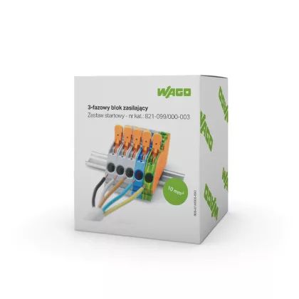   Wago 821-099/000-003 Háromfázisú készlet; narancs véglappal; 2 vezetékes, sínre rögzíthető sorkapoccsal; működtető karral és nyomógombbal; 10 mm²; Push-in CAGE CLAMP®; 10,00 mm²