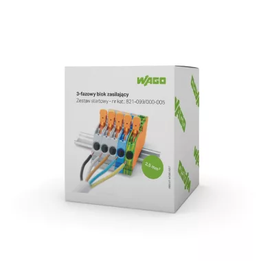 Wago 821-099/000-005 Háromfázisú készlet; narancs véglappal; 2 vezetékes, sínre rögzíthető sorkapoccsal; működtető karral és nyomógombbal; 2,5 mm²;