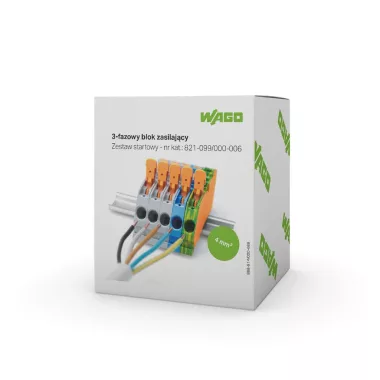 Wago  821-099/000-006 Háromfázisú készlet; narancs véglappal; 2 vezetékes, sínre rögzíthető sorkapoccsal; működtető karral és nyomógombbal; Push-in CAGE CLAMP®; 4,00 mm²