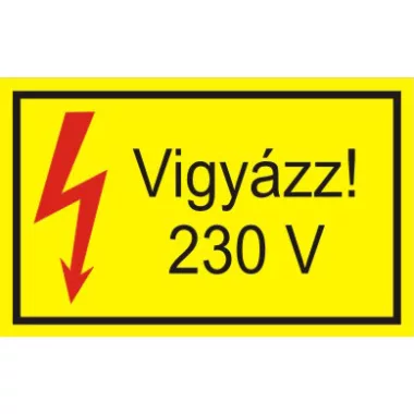 "Vigyázz! 230V" öntapadó felirat, sárga, 95x60mm