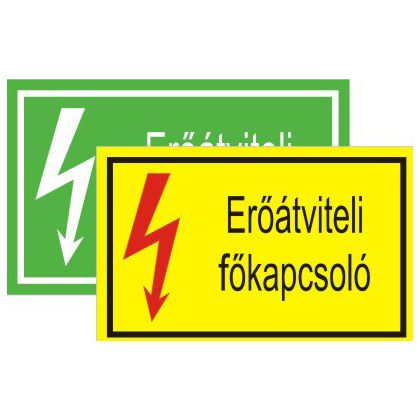   "Erőátviteli főkapcsoló" öntapadó felirat, sárga, 95x60mm