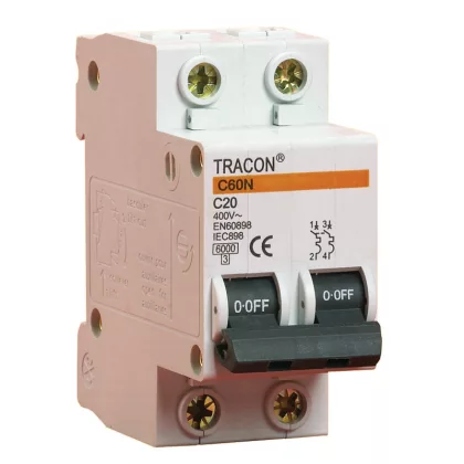 TRACON C60-20-2 Kismegszakító, 2 pólus, C karakterisztika 20A, 6kA TRACON C60-20-2 Kismegszakító, 2 pólus, C karakterisztika 20A, 6kA