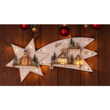 TRACON CHRBSTWW13WW LED karácsonyi csillag tájképpel, fehér, fa, elemes (X22092) Timer 6+1