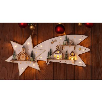   Tracon CHRBSTWW13WW LED karácsonyi csillag tájképpel, fehér, fa, elemes Timer 6+18h,13LED, 3000K, 2xAA