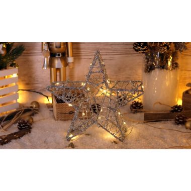 Tracon CHRSTG20SWW LED karácsonyi csillag, ezüst,fém, elemes Timer 6+18h, 20LED, 3000K, 2xAA