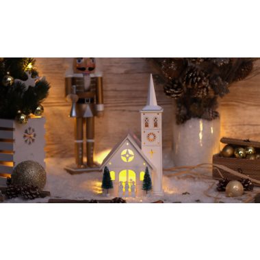 TRACON CHRWHCHW4WW LED karácsonyi templom, fa, fehér, elemes (X22077) Timer 6+18h,4LED, 3000K, 3xAA