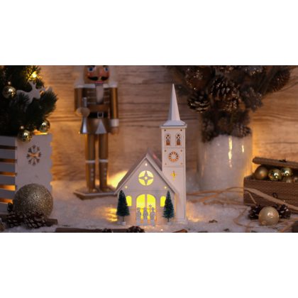   TRACON CHRWHCHW4WW LED karácsonyi templom, fa, fehér, elemes (X22077) Timer 6+18h,4LED, 3000K, 3xAA