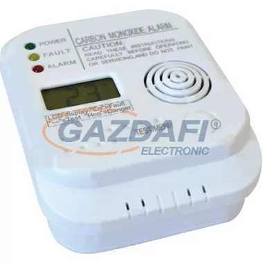 TRACON CO201A Szén-monoxid (CO) érzékelő 4,5 V DC (3×1,5V AA), >85 dB digitális kijelzővel.