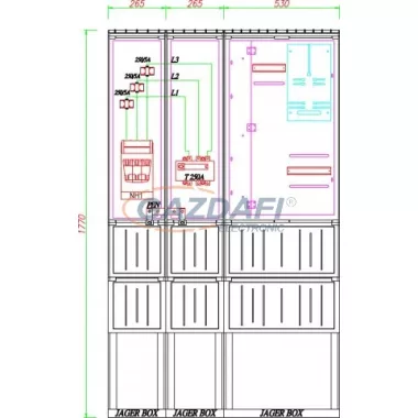 CSATÁRI PLAST PVT K-L 250T-NY, Áramváltós mérőhely, nyitható szerelőlappal, 1060x250mm