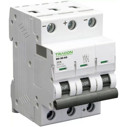 TRACON DC-3C-16 Egyenáramú kismegszakító PV rendszerekhez, 3 pólus, C kar. 16A, 660V DC TRACON DC-3C-16 Egyenáramú kismegszakító PV rendszerekhez, 3 pólus, C kar. 16A, 660V DC