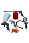 DEDRA A532009 Pneumatikus készlet 5db, felültöltős festékszóró pisztoly, alultöltős festékszóró pisztoly, levegőfújó pisztoly, pumpáló nyomásmérővel, spiráltömlő