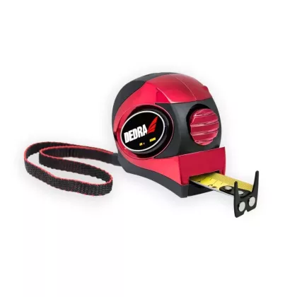 DEDRA M592P 5m/25mm mérőszalag, piros, automata blokkolás, mágnes, kétoldalas szalag, gumi borítás + króm, nylon, bliszter