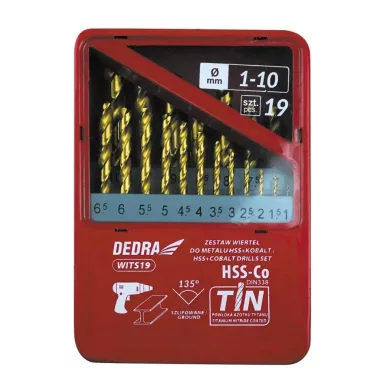DEDRA WITS19 19 db-os fúrószár készlet fémhez HSS+kobalt+TiN, 135°