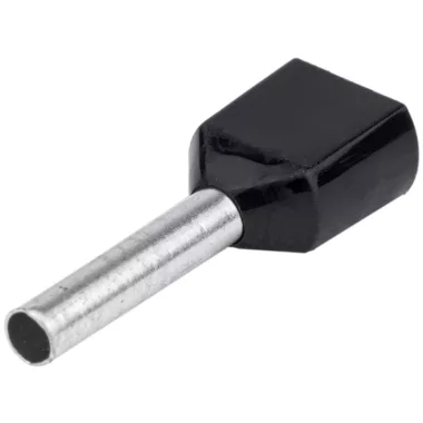 TRACON E13I Szigetelt (PA6.6) iker-érvéghüvely, ónoz. elektr.réz, fekete 2×1,5mm2, l=12mm