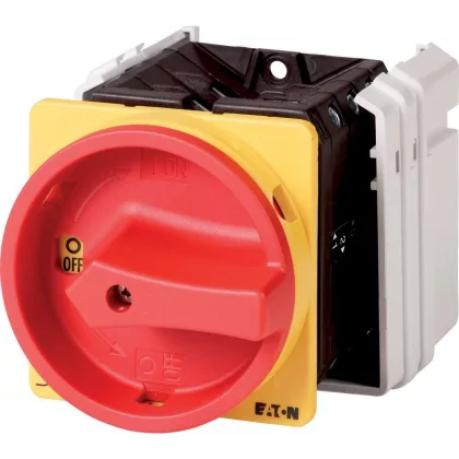 EATON 094130 Main switch, T5B, 63 A, flush mounting, 2 contact unit(s), 3 pole, Emergency switching off function, With red rotary handle and yellow locking ring