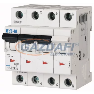 EATON 165038 Kismegszakító, 6kA  PL6-D20/3N -  20 A, 3P+N, karakterisztika: D