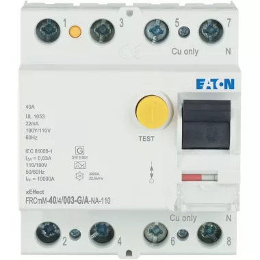 EATON 167706 FRC (UL standard) hibaáram, G/A típus, 4-pólus, Idn=0,03A, In=40A, Ir=3kA (IEC 61008)
