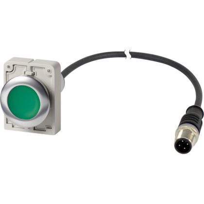 EATON 185997 Pushbutton, Flat, maintained, 1 N/O, Cable (black) with M12A plug, 4 pole, 1 m, green, Blank, Metal bezel