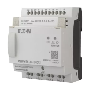 EATON 197212 EasyE4 vezérlő relé kijelző nélkül, 12/24V DC, 24V AC, 8 bemenet, 4 relé kimenet